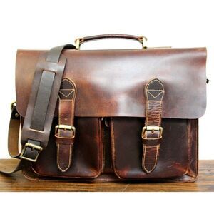 NATURAL WAX BROWN HEAVY GENUINE LEATHER BUSINESS SHOULDER BAG ATTACHE BRIEFCASE